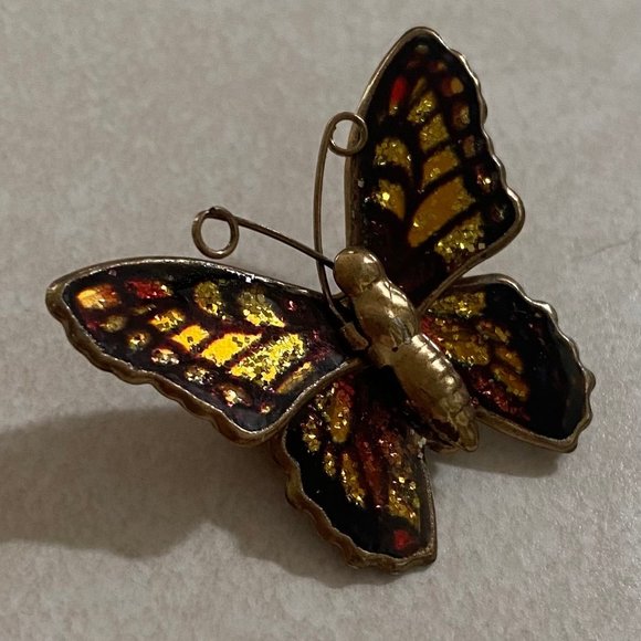 Jewelry - Vintage antique gold brass glitter enamel butterfly pin brooch